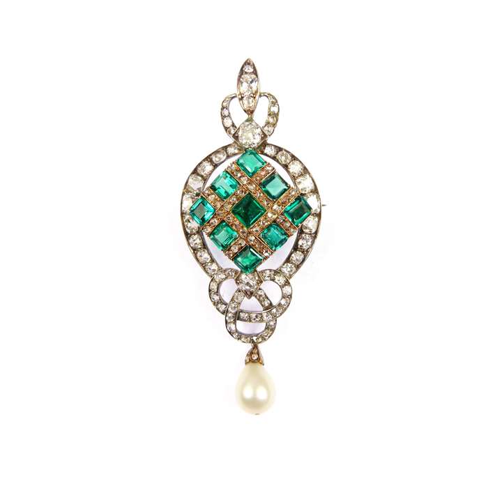 19th century emerald, diamond and pearl pendant-brooch